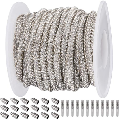 GORGECRAFT 6.25 Yard X 4mm Strass-Röhrenseil Klare Kristallschnur Glitzernde Glänzende Seilkordeln Mit 20 faltbaren Crimp-Kordelenden Und 20 Tonnen-Endkappen Für Die DIY Kleidungs- Und Schuhdekor