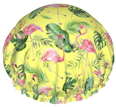 Wiederverwendbare Duschhaube für Damen, Blätter, Tier, Flamingo, Badehaube, doppellagig, wasserdicht, Dusch-Haarschutz, verstellbares Gummiband, Duschhut für Home Spa Salon, Badehauben