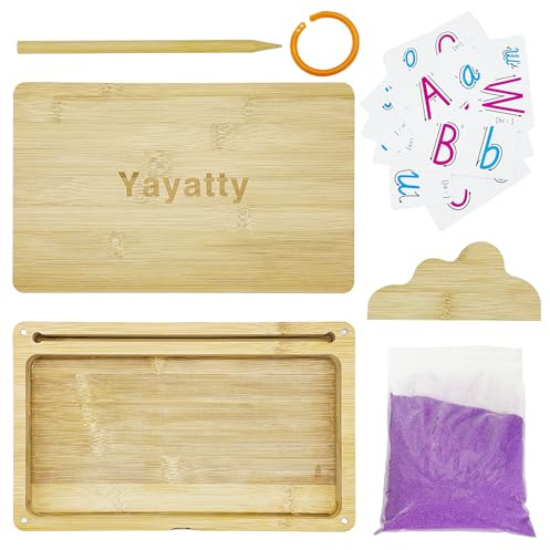 Yayatty Montessori Zeichnung Sandtablet aus Holz, Montessori Sandtisch Lerns Pielzeug mit Sand, Stift, Karten für Kinder Schreiben Buchstaben und Zahlen, Zeichnen, 26 x 16 cm, Lila