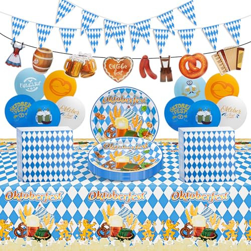 Oktoberfest Juego de Decoración, 20 Invitados Decoración Bávara Suministros de Fiesta 20 Platos de Papel Grandes 20 Servilletas 10 Globos Guirnalda de Banderines de 2,2m Banderín