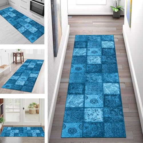 Teppich Läufer Lang Flur Küche Teppichläufer Rutschfest Waschbar Küchenläufer Teppichmatten Blau Boho Vintage Schmutzfangmatte 50X200CM Meterware Flurteppich Wohnzimmer Schlafzimmer Küchenteppich