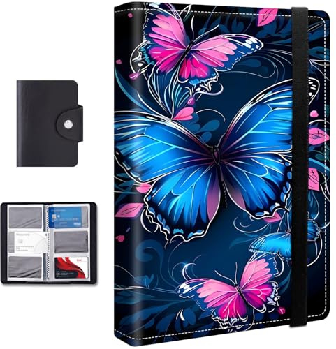 FXIANGWL Business Card Holder Book with Elastic Band, Holds 240 Cards, Large Capacity PU Leather Card Organizer with Black Card Bag, Business Card Binder for Office, Moonlight Purple Butterfly
