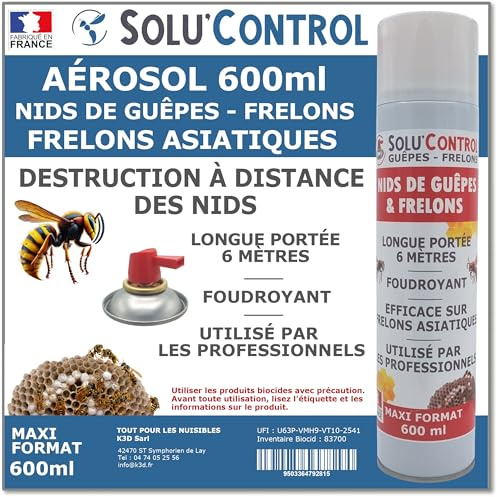 Bombe Guêpes, Frelons, Frelons Asiatiques - Maxi Format - 600ml - Destruction des nids - Longue portée 6m