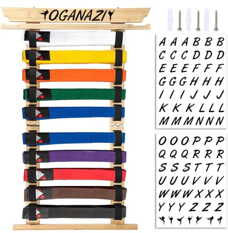 OGANAZI 10 Belts Karate Belt Display Rack with Personalized Stickers, Taekwondo Belt Display Holder with Side Medal Rack, Elastic Band Martial Arts Belts Display Holder for Taekwondo, Karate,BJJ Gifts