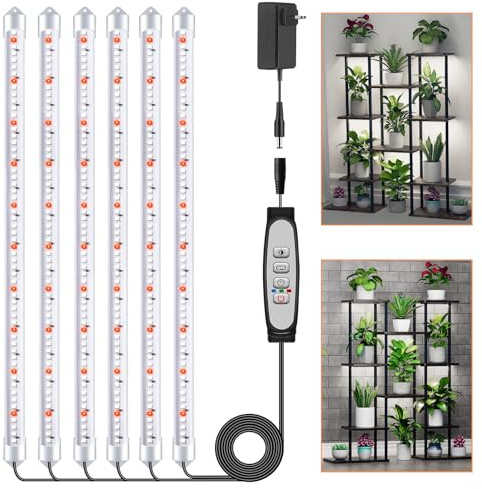 1Paquetes 6 Barras de Luz para Cultivo de Plantas, Lámpara de Luz Solar de Espectro Completo con Temporizador 6/12/18H, 5 Niveles Regulables para Suculentas, Estante para Plantas, Bajo Armario