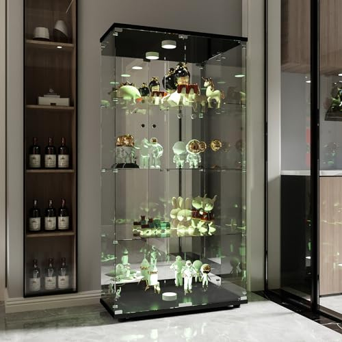 YLSZHY 4-Shelf Glass Display Cabinet with 2 Doors, 64.5 Lockable Curio Storage Cabinet with LED Lights, Collection Display Case, Floor Standing Bookshelf for Living Room Bedroom (Black With Light)