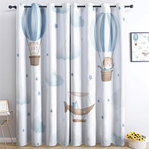 Verdunkelungsvorhang Aquarellmalerei Heißluftballon Mit Ösen Gardine Für Schlafzimmer Kinderzimmer H215x B110 cm (3er Pack) Mit Ösen Für SchlafzimmerBlau