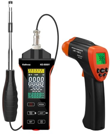 Digitales Heißdraht-Anemometer mit Thermometer Kit, Kethvoz HVAC Windmesser zur Messung der Luftgeschwindigkeit 0,1~30 m/s Windstrom 0–999900 ft3/min CFM/CMM, Infrared Thermometer -50℃~700℃, D:S=30:1