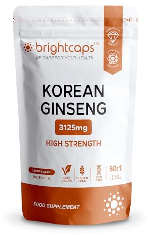 Korean Ginseng Max 3125mg 120 Tablets | High Strength Panax Ginseng | Cognitive Health & Endurance | GMP Approved | Immune Health Support | Vegan Letterbox Friendly | by Brightcaps