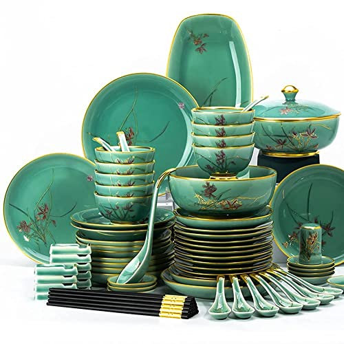 SQMGFA Juego de vajilla de cerámica de 45 Piezas, vajilla de Porcelana China, Plato Llano, vajilla combinada de cerámica, Servicio de Porcelana para 10, vajilla de gres de Lujo Verde Oscuro.