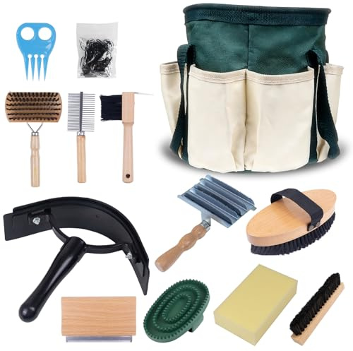 DigNew 13-Piece Horse Grooming kit for Daily Care,Complete Horse Supplies Set with Wood Brushes, Tack Essentials, Curry Tools, and Practical Horse Accessories for Farm & Stable Use