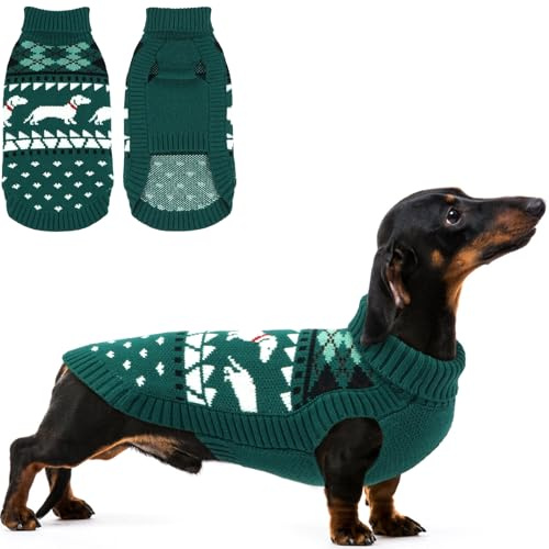 Lelepet Hundepullover für Dackel, Warme Winterkleidung Weich Hund Strickpullover, Winter Hundeweste, Atmungsaktiv Sweater für Hunde mit Rollkragen, Dehnbar Dackel Hundepulli, Grün L