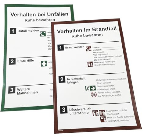 Verhalten im Brandfall und bei Unfällen - Erste Hilfe Schild für Brand und Unfall - Aushang Notfallplan für Brandschutz - Selbstklebender Vinylaufkleber (200 mm x 300 mm)