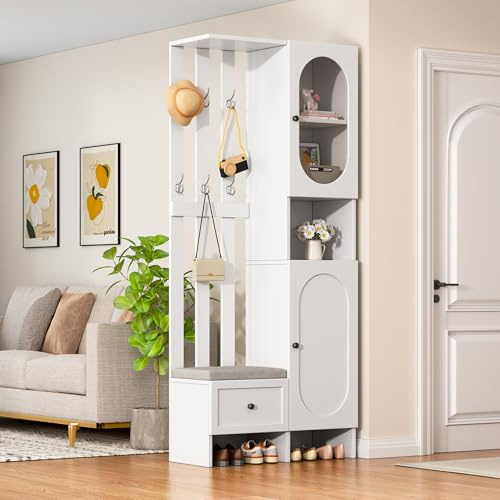 Juabett Garderobenschrank Flur, Garderoben Set mit Schuhschrank + 6 Kleiderhaken, Kompaktgarderoben Flurgarderobe mit Schuhbank und Polster, Flurmöbel Garderobenständer Wandgarderobe für Eingang, Weiß