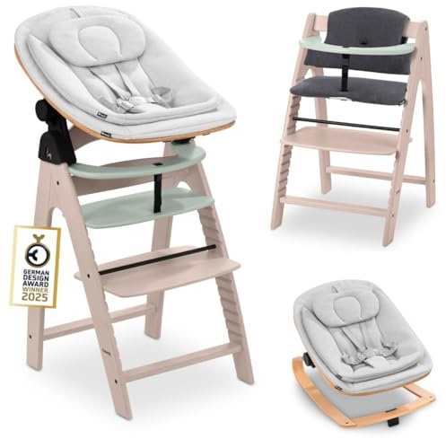 hauck Arketa Hochstuhl Newborn Set mit Eco Bouncer - Whitewashed Mint | Mitwachsender Holz Kinderhochstuhl ab Geburt bis 130 kg | inkl. Baby Neugeborenenaufsatz & Sitzkissen