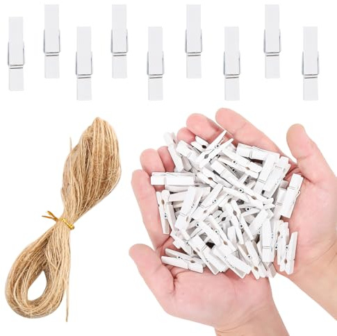 100 Pcs Mini Photo Clips,1.4 in White Wooden Clothespins with Jute Twine