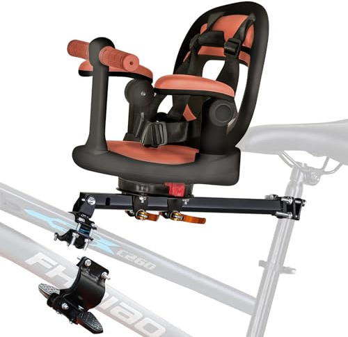 auvstar Siege Velo Enfant Avant,Siège De Vélo De Montagne pour Enfant,avec Ceinture De Sécurité,Dossier,Pédale,Accoudoirs,Siège Pivotant À 360°,Convient Aux Enfants De 1 À 3 Ans (Marron)