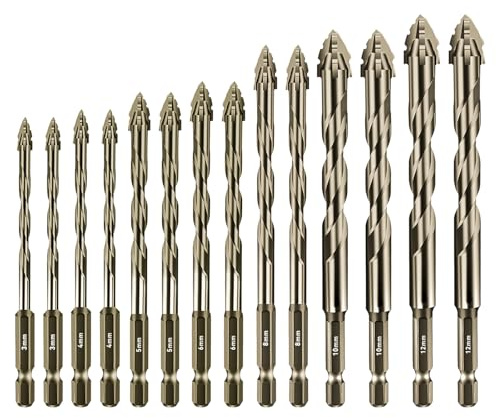 Dagran Juego de 14 Brocas Excéntricas de 4 Filos para Azulejo y Vidrio, Diámetro Ø 3–12 mm, para Perforar Cerámica, Porcelana, Ladrillo, Plástico, Madera