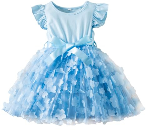UUAISSO Vestiti Bambine Abito tutù con Volant Floreale Cielo Stellato Abiti Estivi da Principessa Abito Estivo Azzurro 2-3 Anni