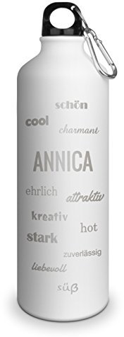 Trinkflasche mit Namen Annica - graviert mit Positive Eigenschaften, Aluminiumflasche mit Gravur, Sportflasche - matt weiß