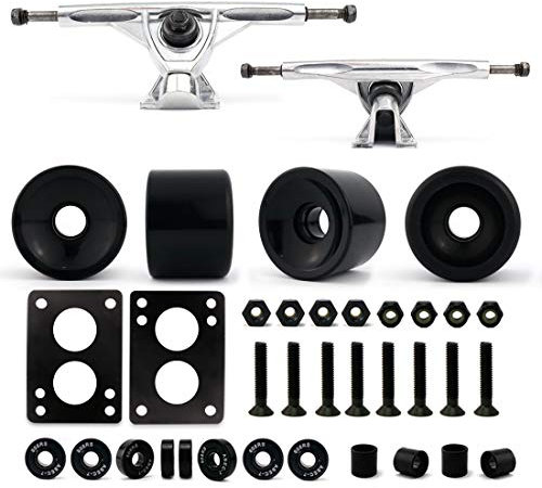 VJ Skateboard Longboard Truck and Wheel, 70mm Long Board Wheels w 7inch 180mm Skateboard Trucks (Silver) Longboard Bearings Longboard Hardware (Black)