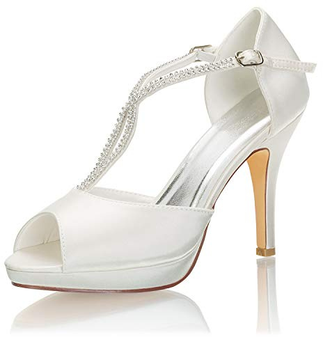 Emily Bridal Scarpe da Sposa Scarpe da Sposa con Tacco Alto Tipo T in Raso con Punta Aperta e Strass (EU38, Avorio)