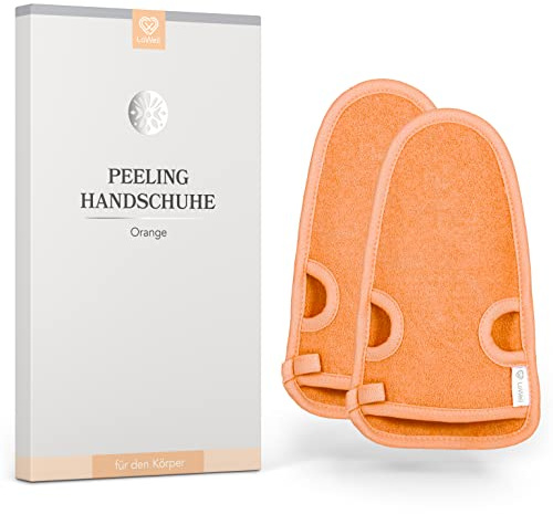 LoWell® 2 piezas de guantes exfoliantes - Guante exfoliante para baño turco para cuerpo y cara - Guía de exfoliación y 2 ventosas como bonus - Naranja