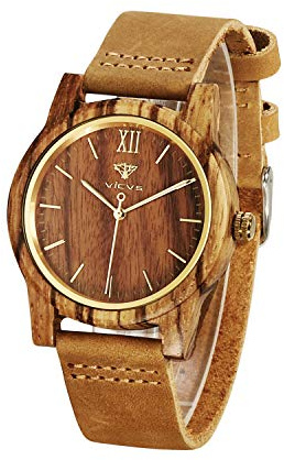 VICVS Wooden Watches for Men and Women, Natural Walnut/Olive Wood Japanese Quartz Chronograph, Adjustable Strap, Military Sports and Leisure (Zebra-1)