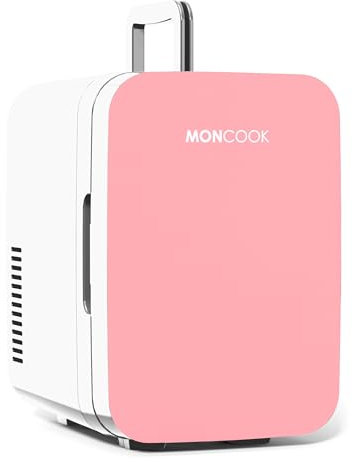 MONCOOK Mininevera para Dormitorio - Pantalla Led - Minifrigorifico con Puerta De Cristal para Productos De Belleza, Alimentos Y Bebidas - Funcion De Enfriamiento Y Calentamiento - 6L Rosa