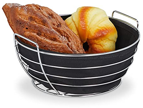 Relaxdays Cestino Portapane da Colazione in Metallo, Inserto in Stoffa, Rotonda, Rimovibile, Lavabile, in Nero