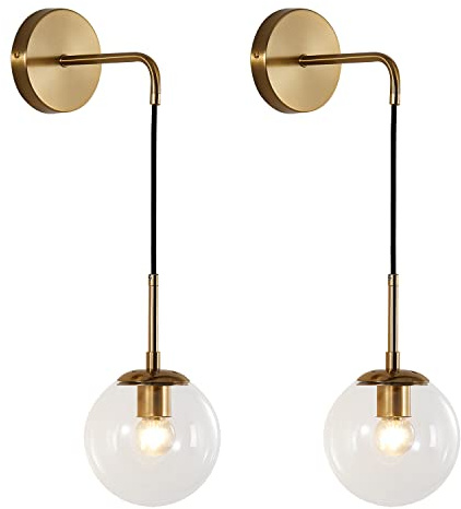 KCO Modern Glass Globe Wall Sconce Set of Two Minimalist Gold Wall Light Fixture with Adjustable Cord Brass Round Glass Wall Mounted Reading Lamp (Clear-2PC)
