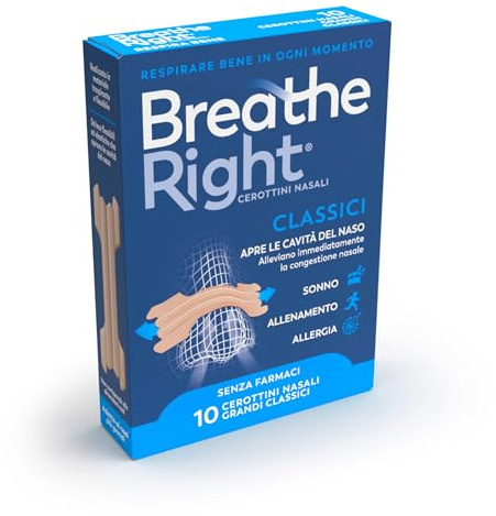 Breathe Right Cerottini Nasali Classici Grandi - Strisce elastiche per apertura narici - Allevia Congestione Nasale da Raffreddore, Allergie, Russamento - Senza Medicinali - Confezione da 10 pezzi