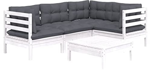 vidaXL Kiefernholz Gartenmöbel 5-TLG. mit Kissen Weiß Ecksofa Mittelsofa Fußhocker Tisch Sitzgruppe Sofa Lounge Garten Garnitur Gartensofa Gartenset