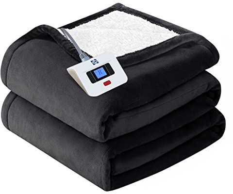 SEALY Electric Blanket Twin Size, Flannel & Sherpa Heated Blanket with 10 Heating Levels & 1-12 Hours Auto Off, Machine Washable, Grey, 62x 84 Inch