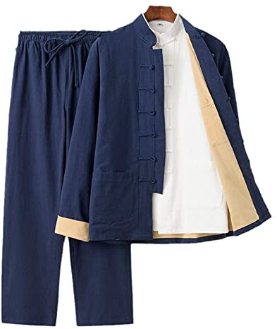 QPZK Men Cotton Linen Kung Fu Suit Martial Arts Meditation Suit Double Layer Shirt Pants Outfit 3 Piece Set Taichi Uniform Chinese Traditional Clothing Tang Suit