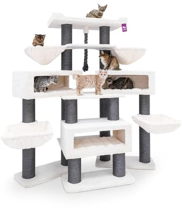 Petrebels Kratzbaum XXXL für große Katzen, Alley 200 cm, Off-White | extrem stabil, 2 Meter hoch, dicke Ø 15 cm Stämme, 4 Hängematten, 3 Schlafhöhlen, für mehrere Katzen und Maine Coon geeignet
