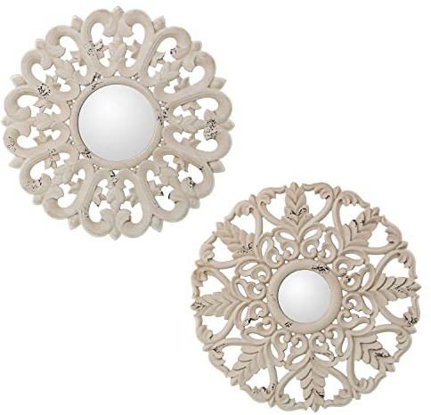 DRW Lot de 2 miroirs Mandalas Ronds en Bois MDF ajourés Blanc Vieilli 40 x 1,5 cm