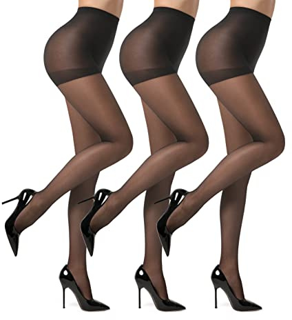 EVERSWE 3 Pairs 20D Women's Sheer Tights with Reinforced Toes (Black, L)