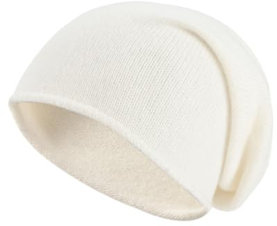 Villand 100% Kaschmir Slouchy Beanie Hut für Frauen, gestrickte Damen weiche warme Kaschmir Totenkopf-Beanies Kappe. (Weiß)