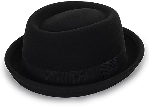 Herren Flat Top Porkpie Hut Bowler Hüte – schwarze Wollmütze mit Band (S-M), Schwarz, MEDIUM
