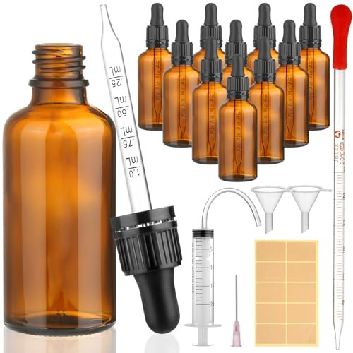 modacraft 10Stk 50ml Pipettenflasche mit Hilfszubehör, Flasche mit Pipette Braunglasflasche Apothekerflasche Tropfflasche für Flüssigkeit, Ätherische Öl, Parfümöle, Aromatherapie