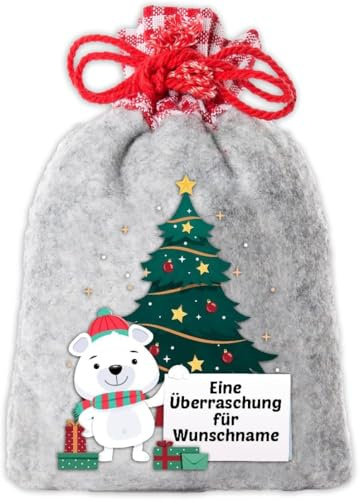 Süßes Nikolaussäckchen/Weihnachtssäckchen personalisiert mit Wunsch-Namen und Eisbär-Motiv für Kinder. Größe 12 x 20 cm