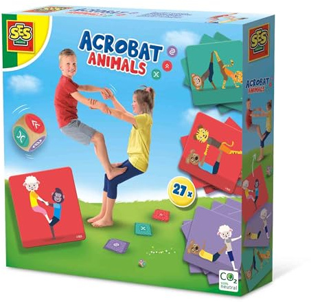 SES Creative Akrobatische Tiere | Yoga-Spielset | Outdoor spiele | Motorik-Aktivitäten | Made in Holland | für Kinder ab 5 Jahren | 27 Karten + Würfel | 02305, Diverse Farben