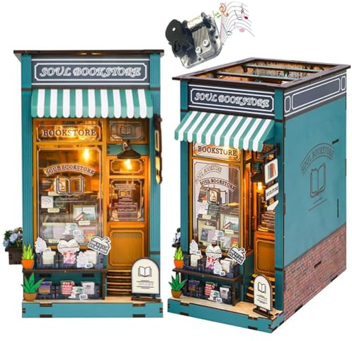 TOPBSFARNY Buchstützen-Puzzle aus Holz, 3D-Miniatur-Buchecken für Bücherregale, DIY-Kits mit Musikbewegungen und LED-Licht für Erwachsene (Soul Bookstore)