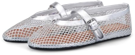 MIRAAZZURRA Bailarinas Planas para Mujer Malla Zapatos de Bailarina Verano Sandalias Planas con Correa de Hebilla Ajustable, plata, 39 EU