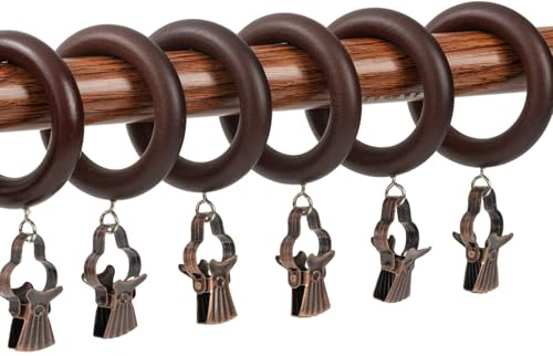 12 Packs Wooden Curtain Rod Rings with Drapery Clips,Retro Brown Farmhouse Beech Wood Drapes Rings 1.77 Inch Interior Diamete for 1.3-1.5 inch Curtain Rod Pole