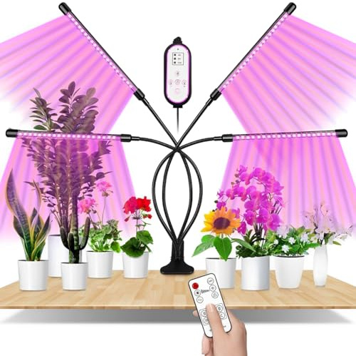 SENTAIMAO Lampes de croissance horticoles pour plantes d'intérieur et serres, 80 LED à spectre complet, 10 niveaux d'intensité et 4 têtes pour semis et plantes grasses, avec minuterie et télécommande
