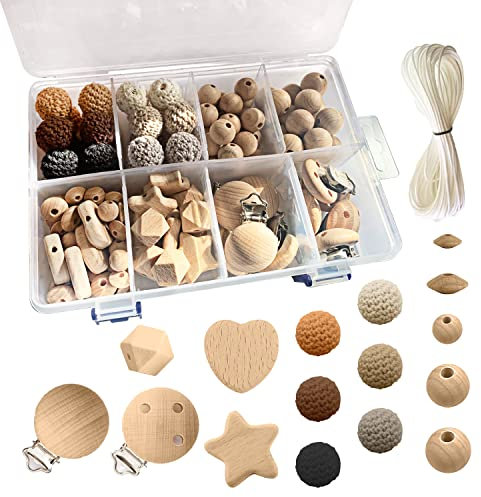 Artlatu 135 Stk Makramee Set - 102 Holzperlen, 24 Stk 20mm Häkeln Perlen, 10 Holzclips, 20m Bastelseilen - Für DIY Schmuck Herstellung, Heimwerker, Handwerk (Set-135)