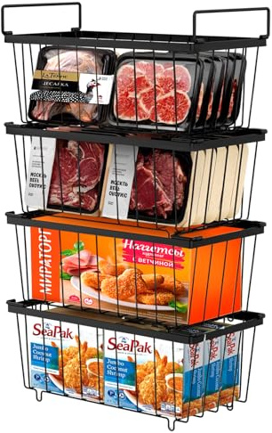 4 Pack Chest Freezer Baskets, Stackable Freezer Organiser with Handles, for 198L Sort Frozen Foods (Black)