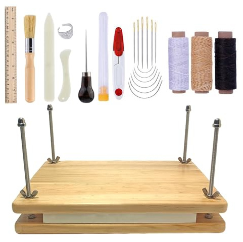 Outils de presse à livres en bois, kits de reliure, 20,1 x 29,5 cm, outils de reliure de livres avec presse à reliure en bois, dossier en os, règle à coudre, fil d'aiguille, alêne en papier pour